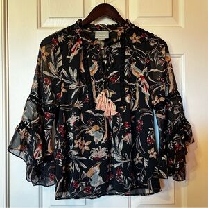 Maeve Anthropologie Odette Peasant Shirt  Size XS Bird Black Floral Blouse Boho